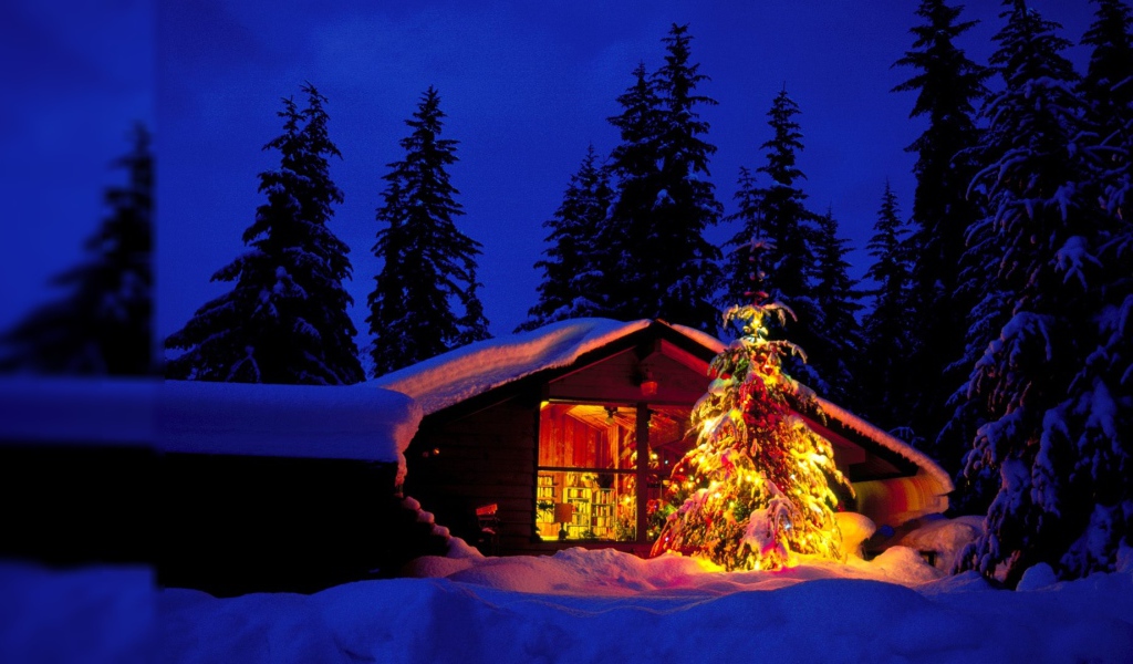 Новогодняя елка возле лесной хижины