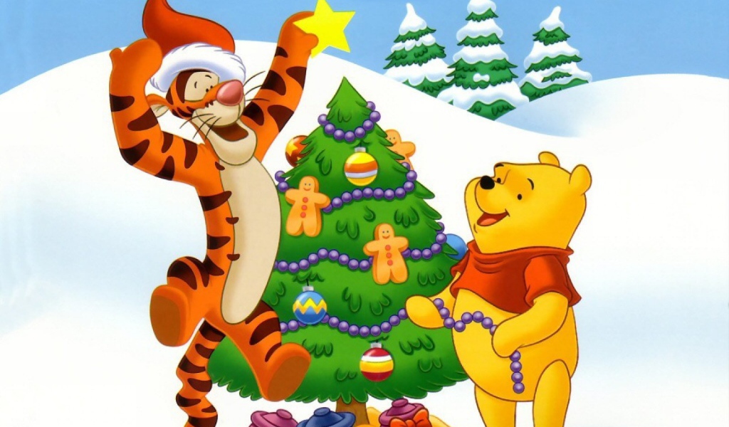 Винни пух  украшает новогоднюю елку
