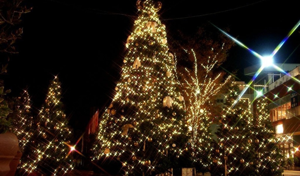 Large Christmas decorations on a Christmas tree