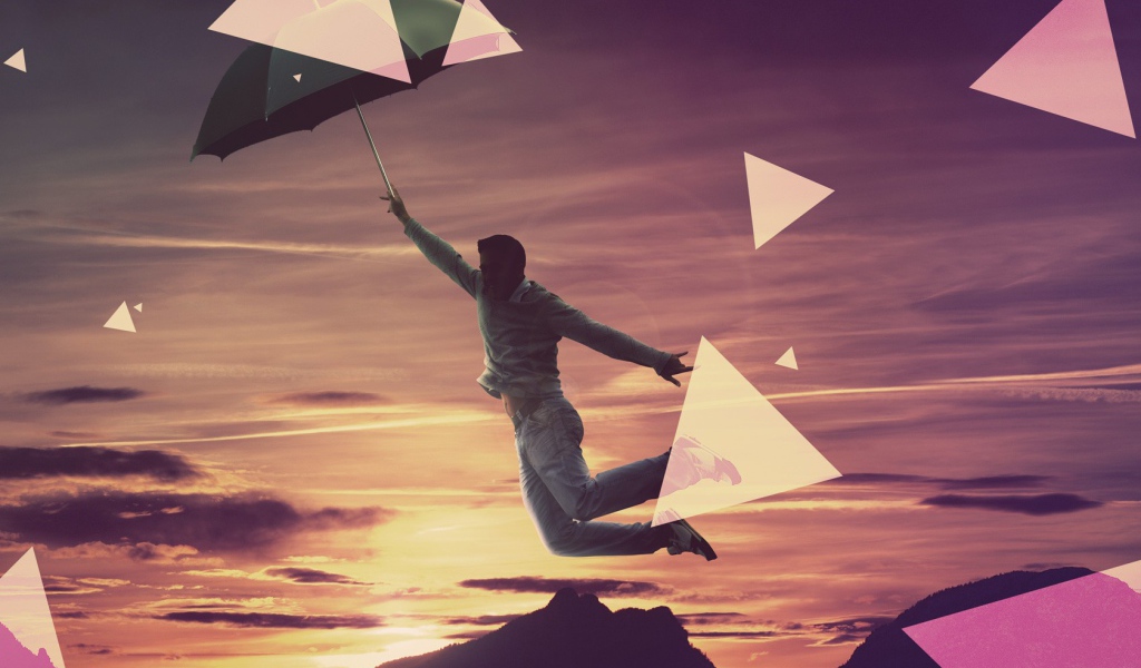 Человек летит на зонтике
