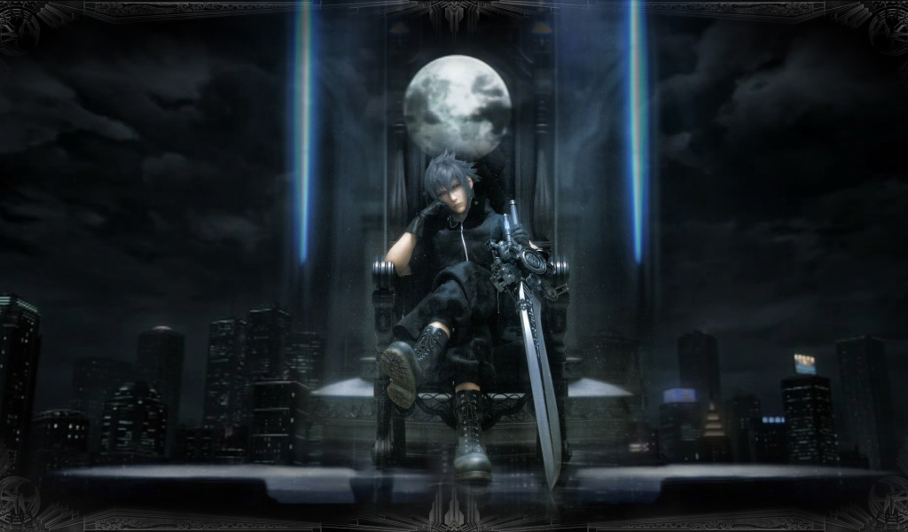 Герой игры на фоне города Final Fantasy xv