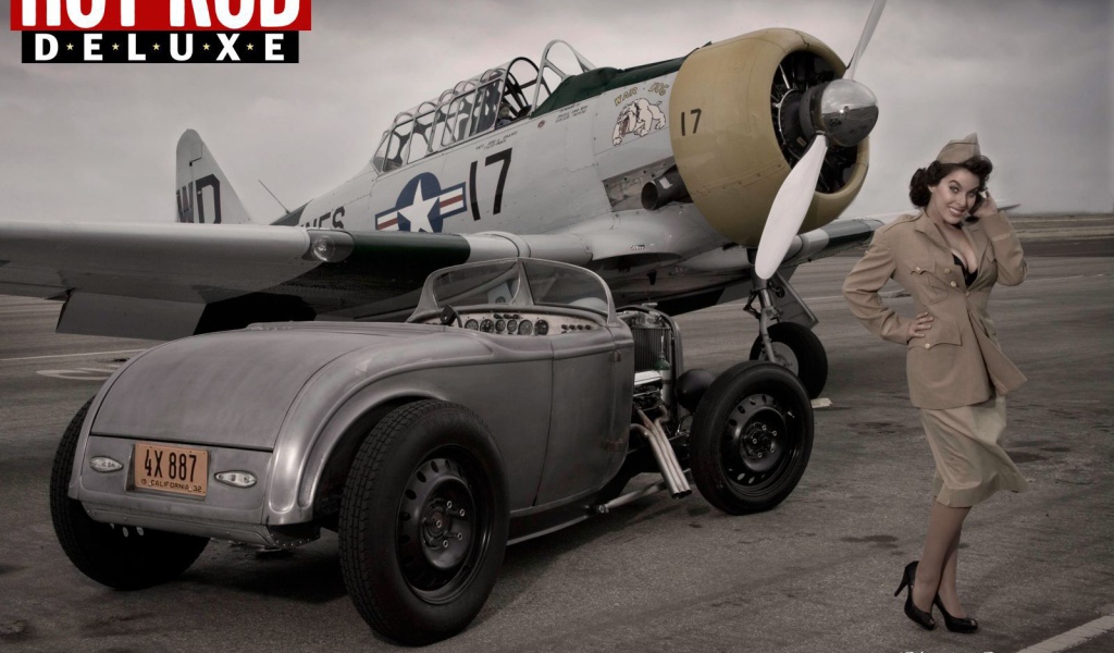 Ретро фото с девушкой автомобилем и самолетом