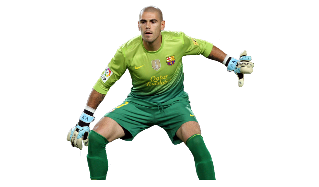 Игрок Барселоны Виктор Вальдес на белом фоне