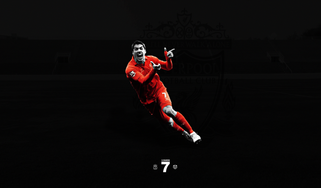 Игрок Ливерпуля Луис Суарес на черном фоне