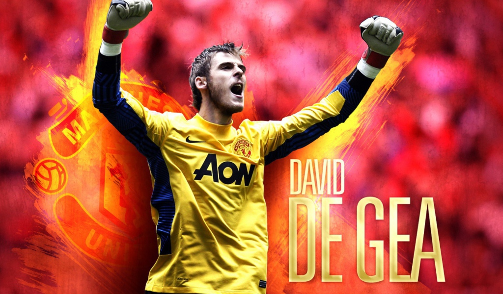 Игрок Манчестер Юнайтед Дэвид Де Хеа на красном фоне