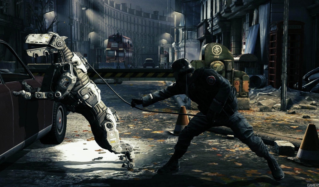 Wolfenstein New Order: солдат выпускает свою собаку