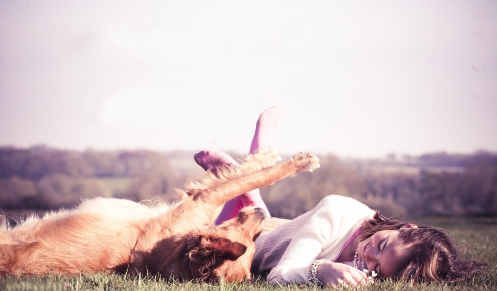 Девушка играет с собакой