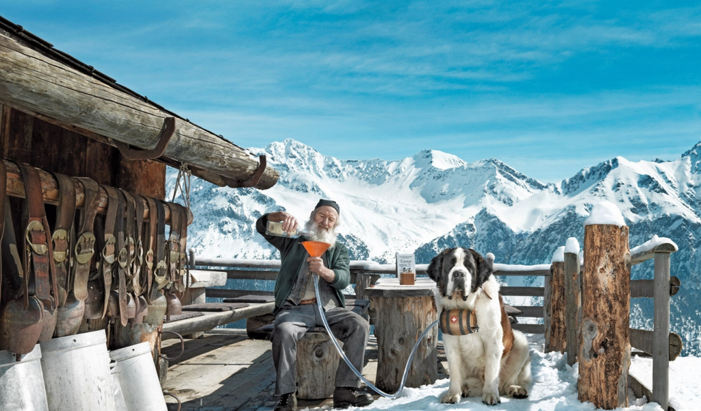Старик с собакой сенбернаром
