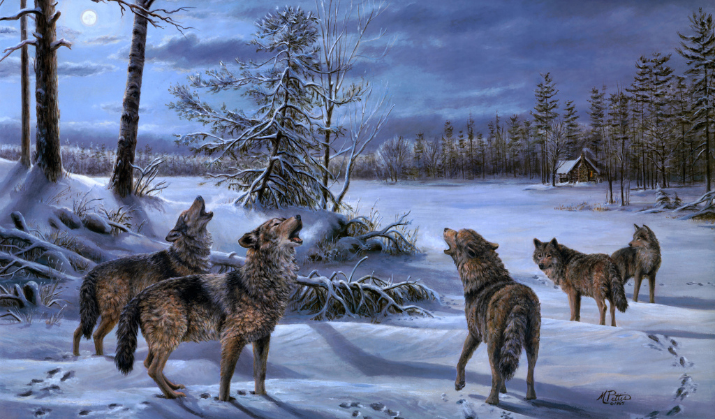 A pack of wolves moonlit night