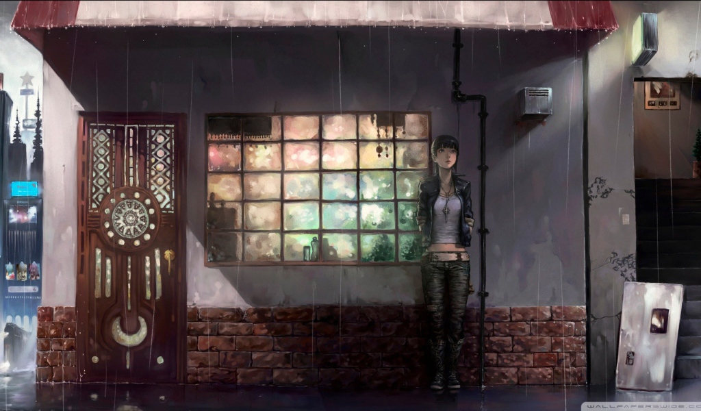 Девушка спряталась от дождя