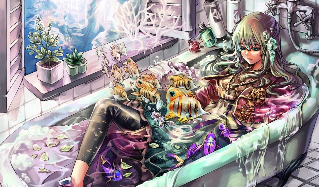 Девочка в ванне с рыбами