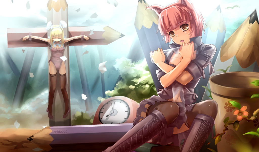 Девочка на кресте из карандашей