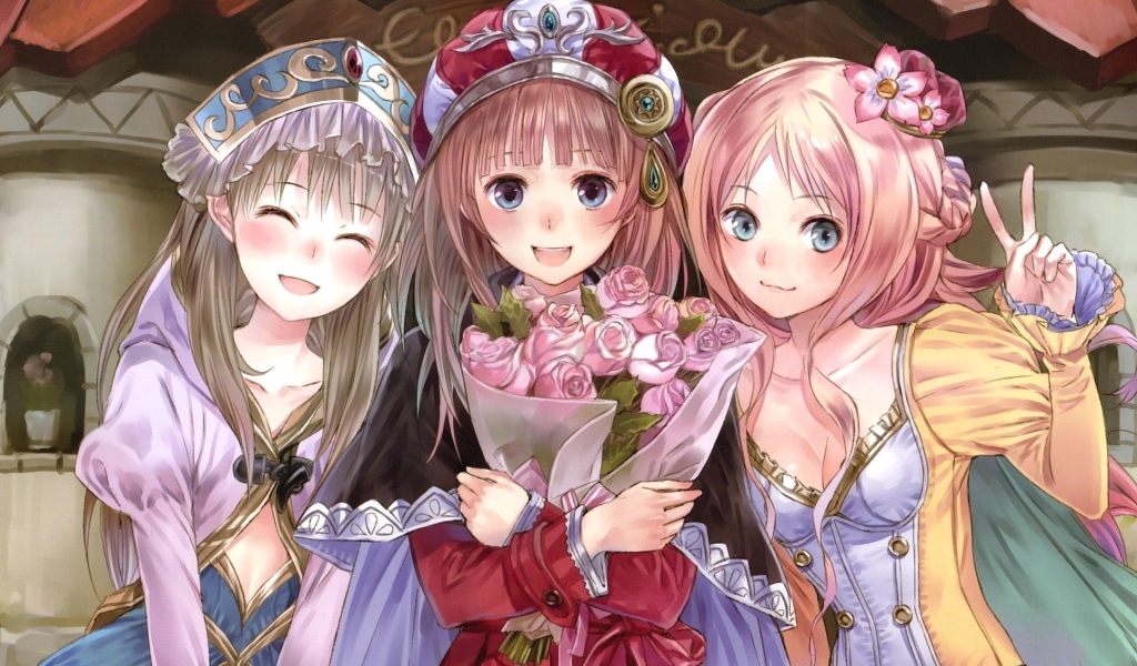 Три девочки с букетом роз