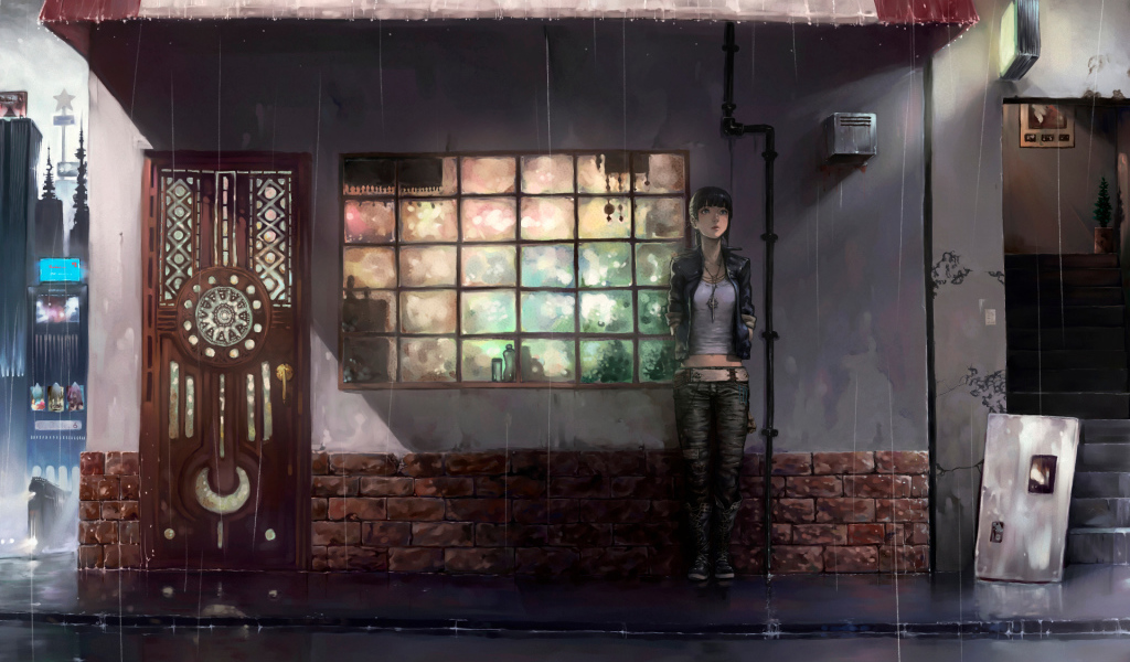 Девушка прячется от дождя