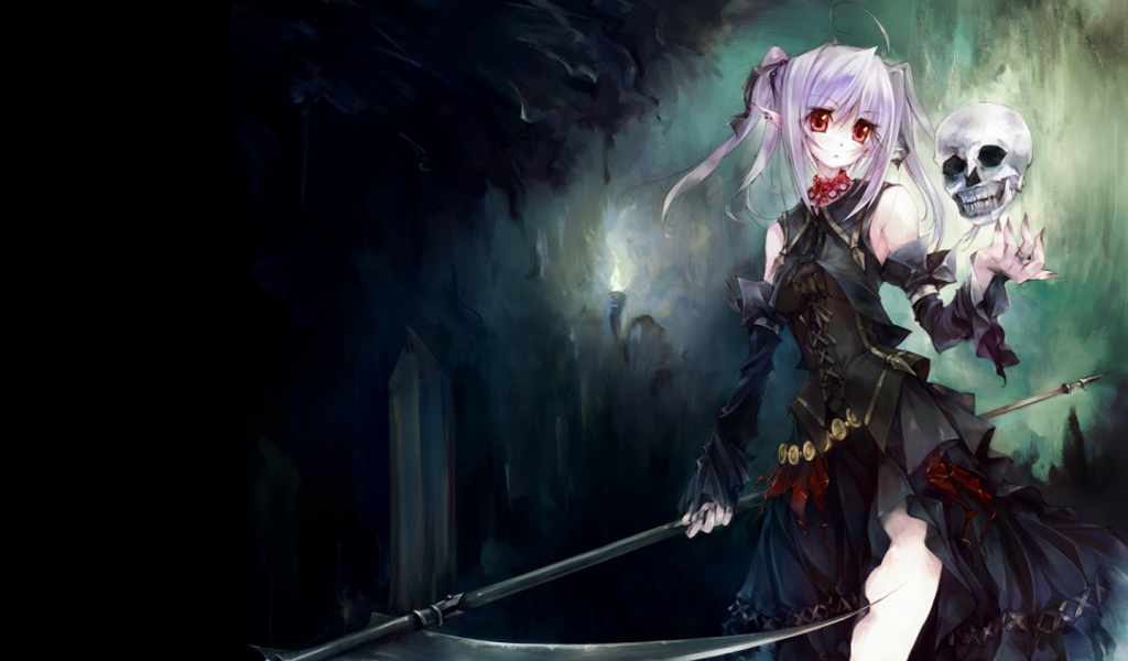 Девочка с косой и черепом