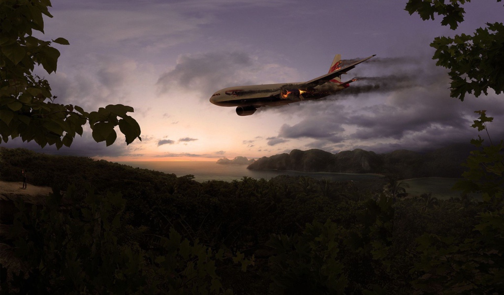 Горящий самолет идет на посадку