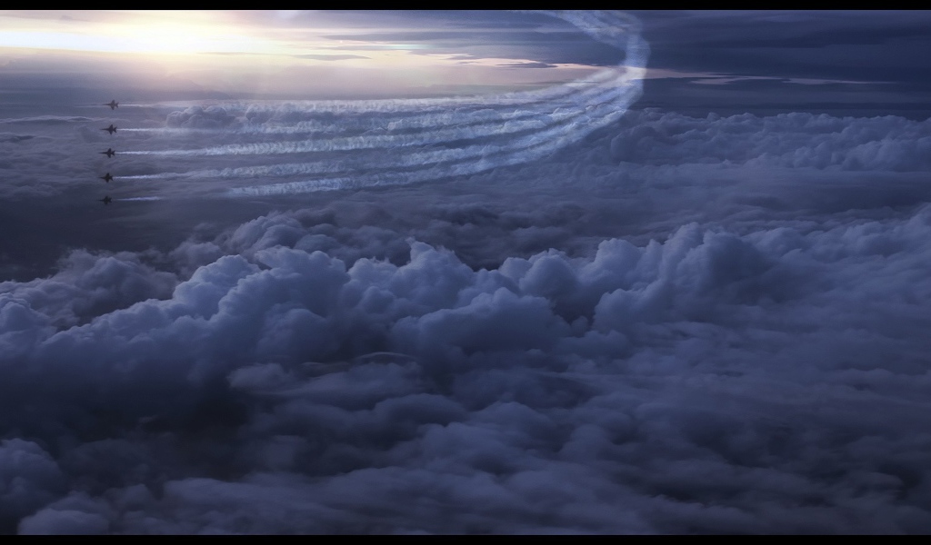 Строй самолетов над облаками