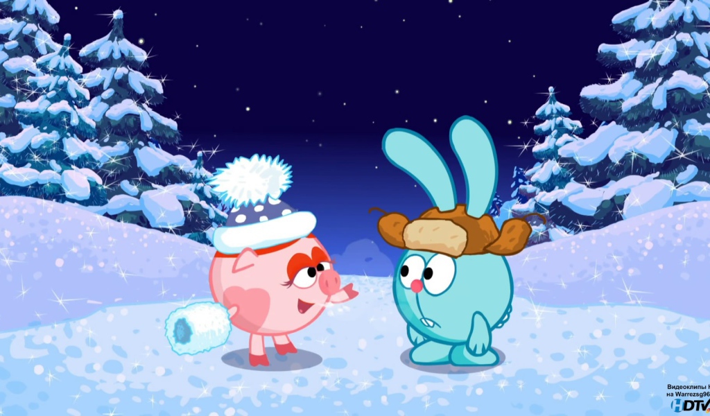 Крош и Нюша в зимнем лесу в мультфильме Смешарики