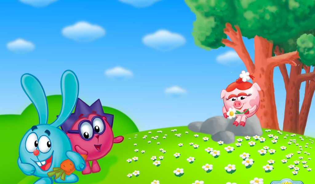 Нюша собирает цветы в мультфильме Смешарики