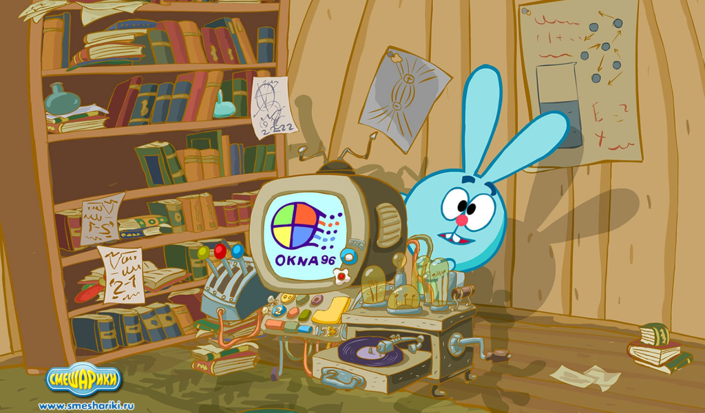 Крош с компьютером в мультфильме Смешарики