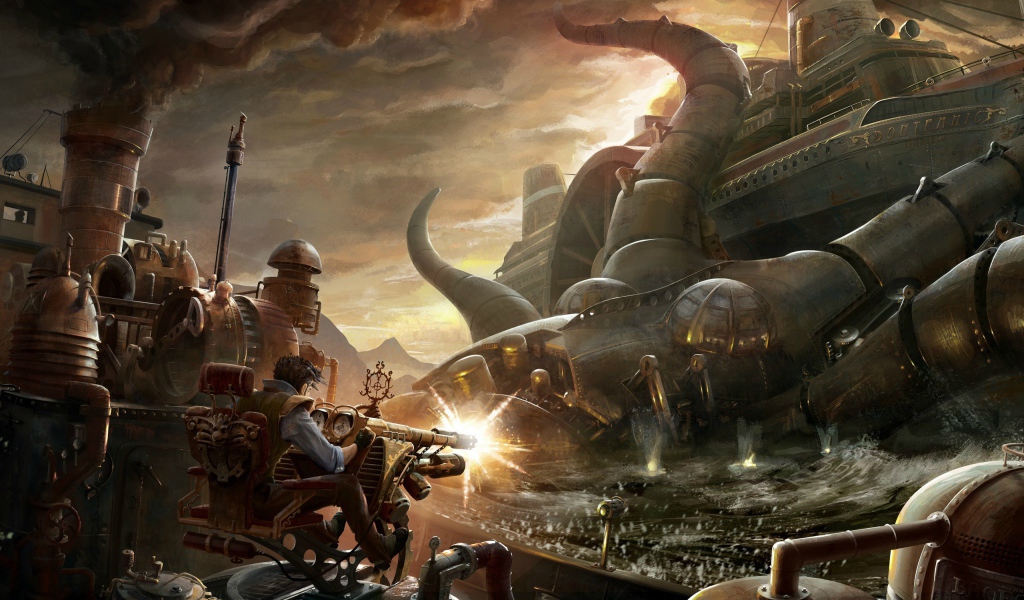 Борьба с металлическим монстром стимпанк