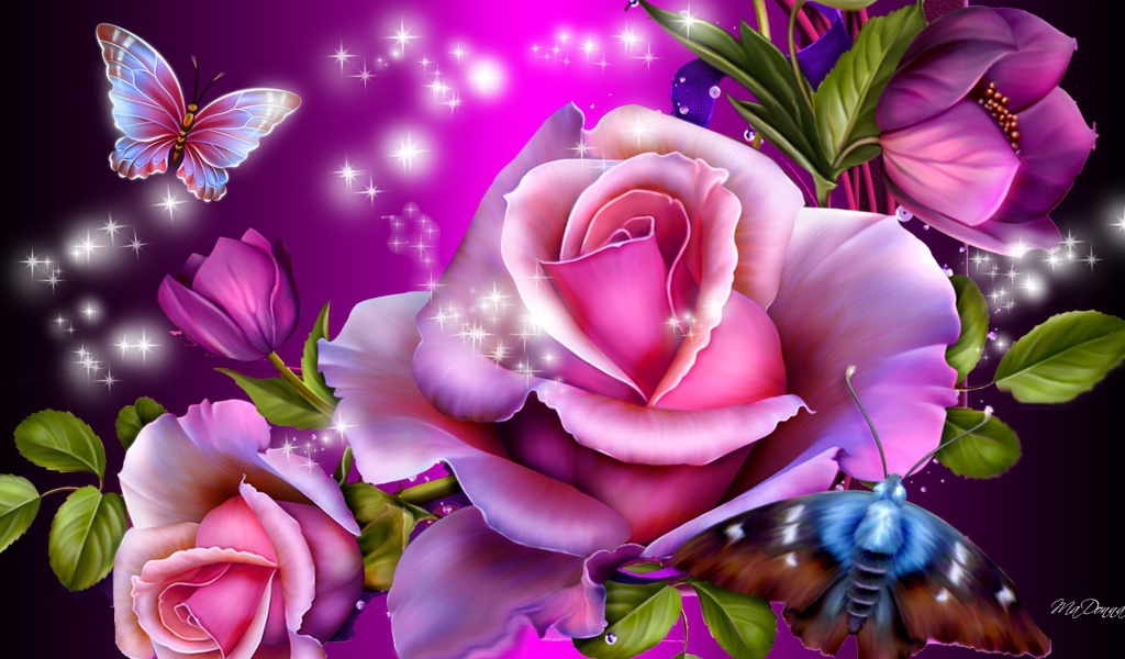 Фиолетовые розы и бабочки