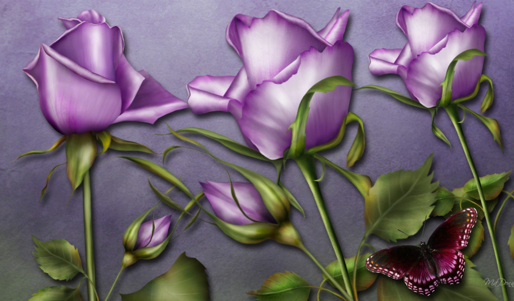 Фиолетовые розы и бабочка