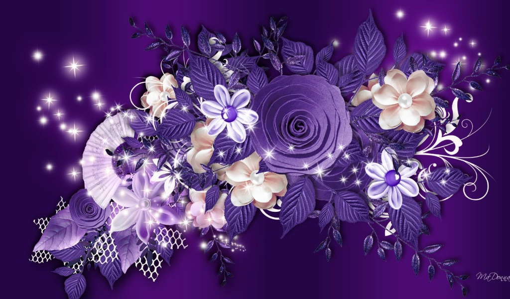 Фиолетовые розы и другие цветы на фиолетовом фоне