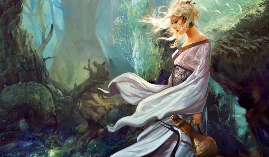 Девушка в белом платье с кувшином