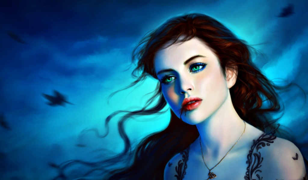 На фоне неба девушка вампир