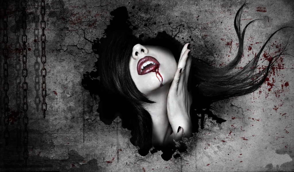 Кровь на губах у девушки вампира