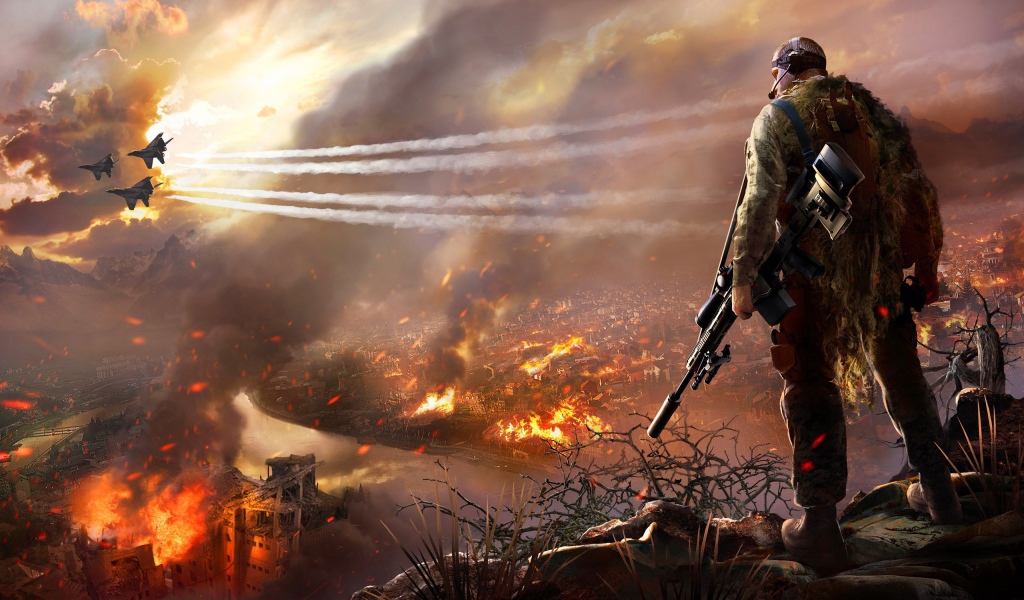 Снайпер смотрит на горящий город