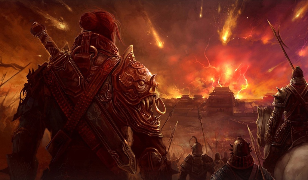 Воины смотрят на горящий город