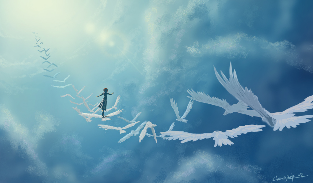 Девушка на белых птицах