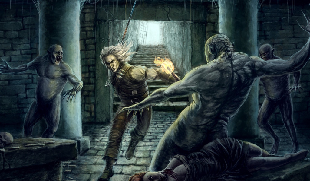 Человек с факелом против монстров