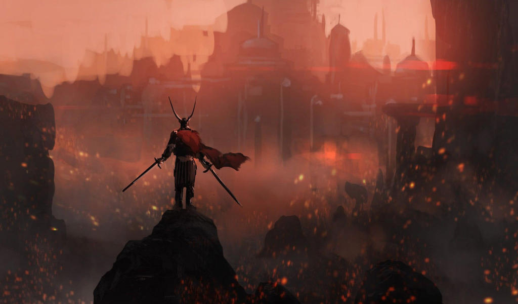 Викинг на фоне горящего города