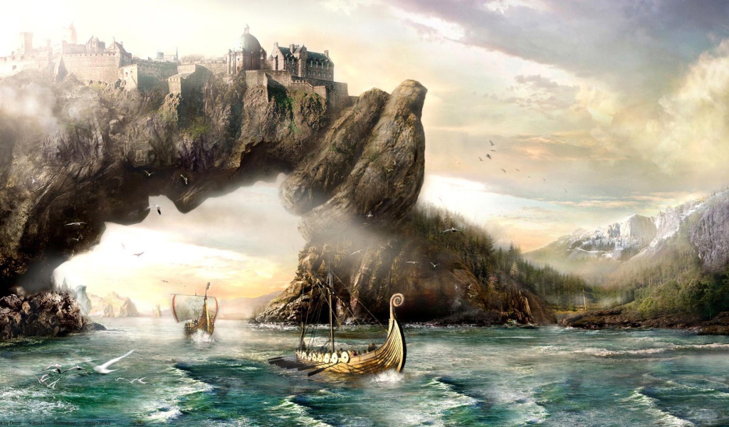 Викинги у скалы