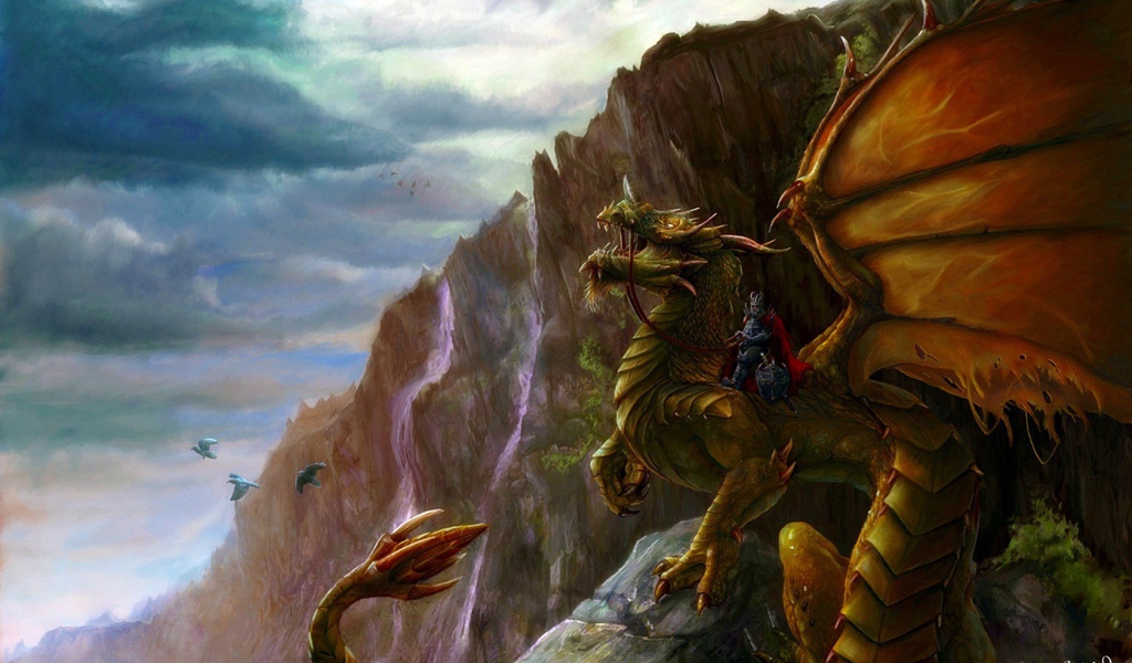 Воин сидит на драконе