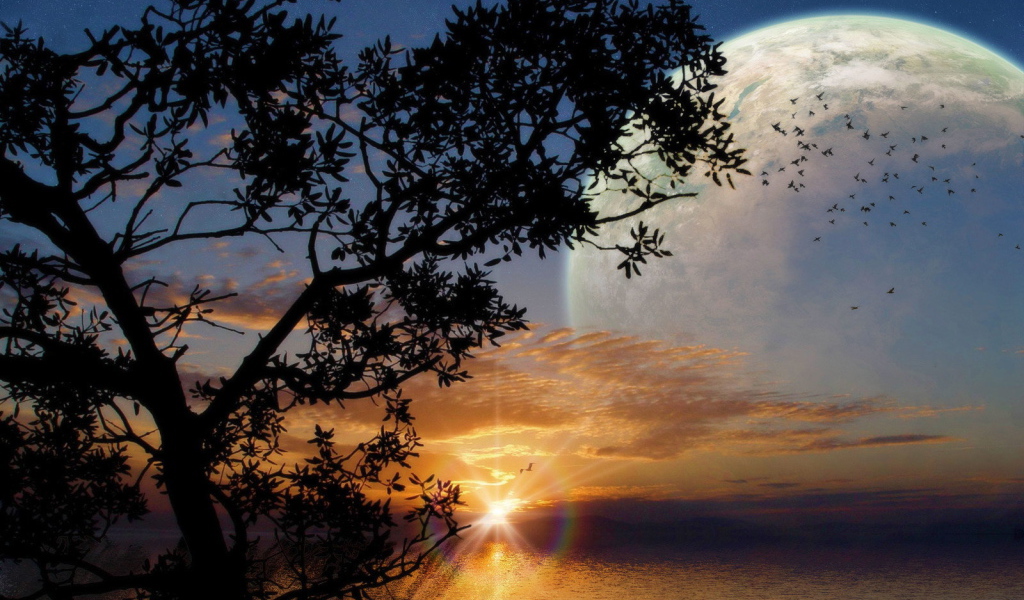 Фантастический закат с луной