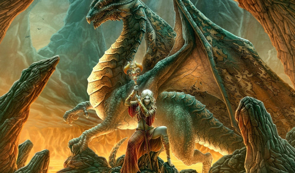 Дракон и колдунья с жезлом