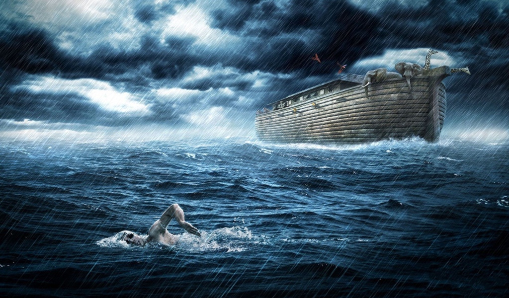 Человек плывет в океане у Ноева ковчега