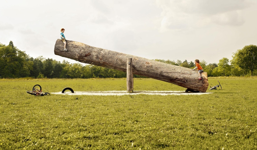 Маленькие дети на большой качели