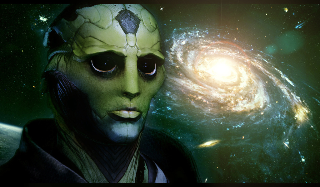 Инопланетянин на фоне галактики