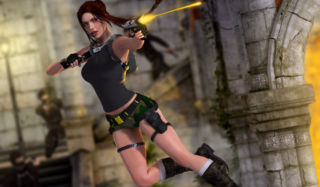 Лара стреляет в прыжке