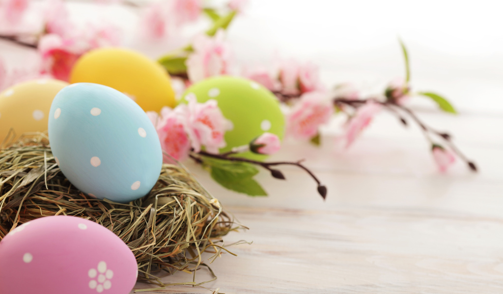 Розовые цветы и яйца на Пасху