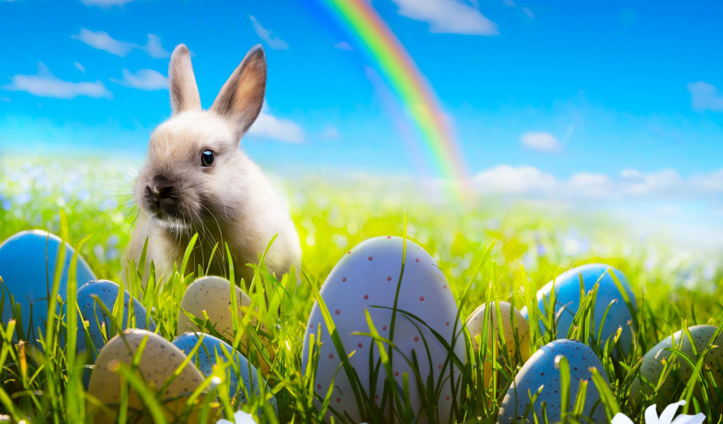 Кролик на фоне радуги на Пасху