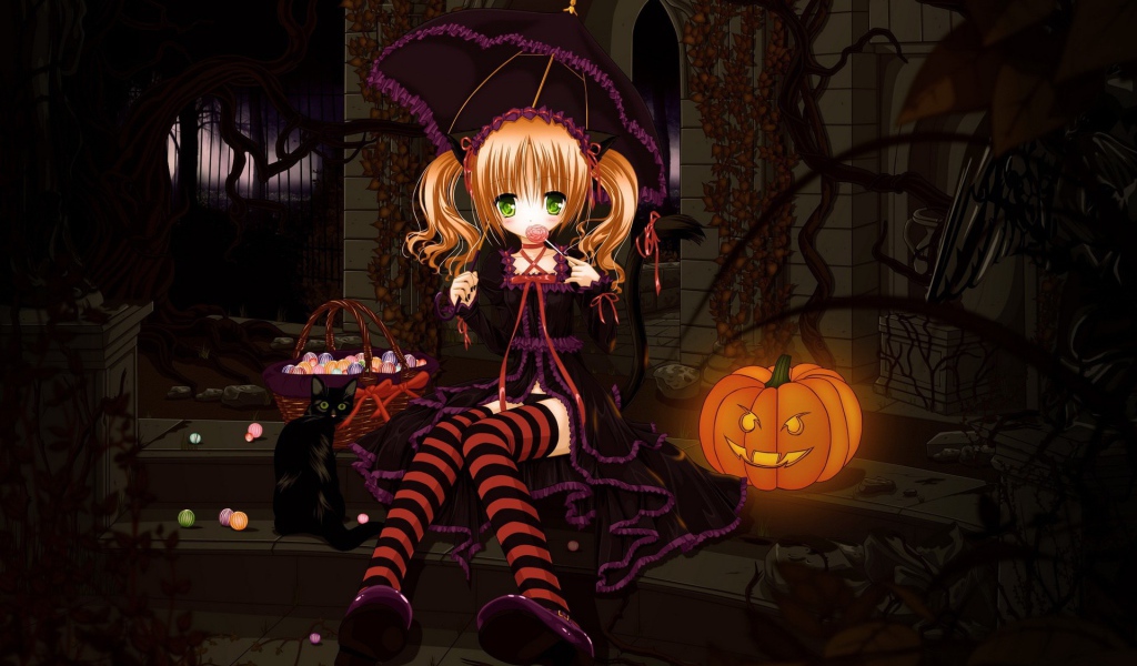 Девочка с зонтиком у тыквы