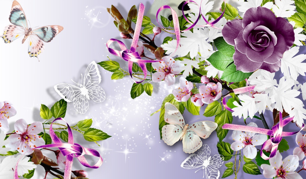Фиолетовая роза и бабочки, картинка на восьмое марта