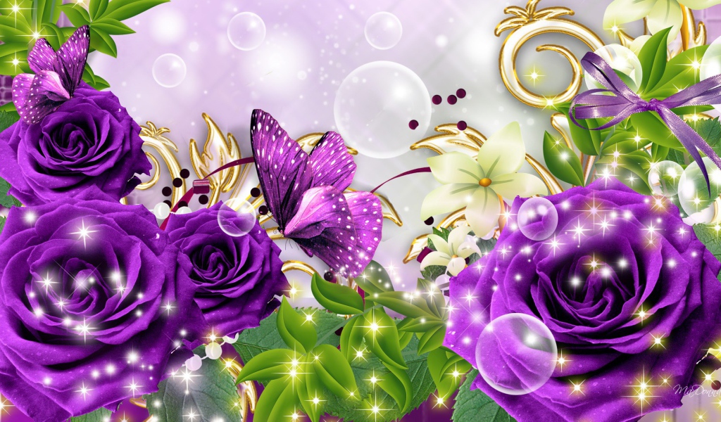 Фиолетовые розы и бабочка, картинка на восьмое марта