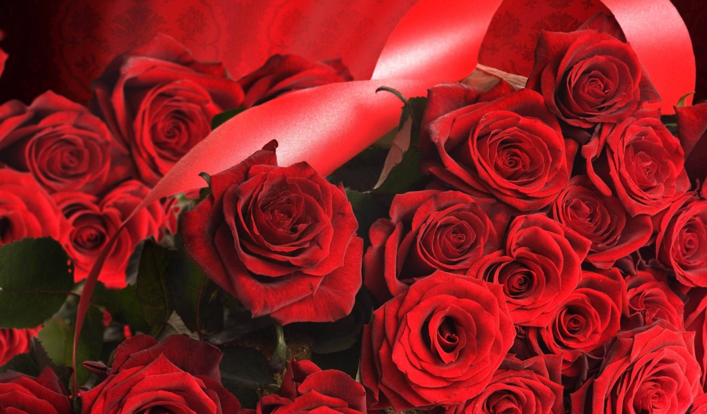 Red roses on March 8 with red ribbons
